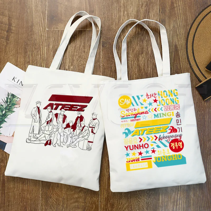 ATEEZ-bolsas de compra con estampado de dibujos animados para chicas, bolsa de mano informal, estilo coreano, Kpop, Luv, Hip Hop, Hipster, a la moda