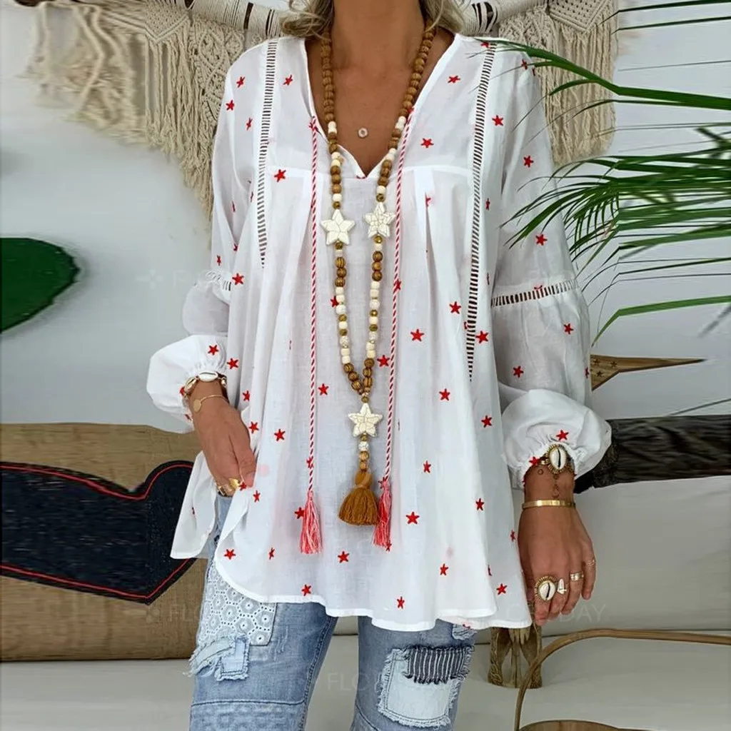 

Women Sexy Tops And Blouses Ladies Star Print Long Sleeve V-Neck Tassels Drawstring Shirt Blouse Tops blusas mujer de moda New