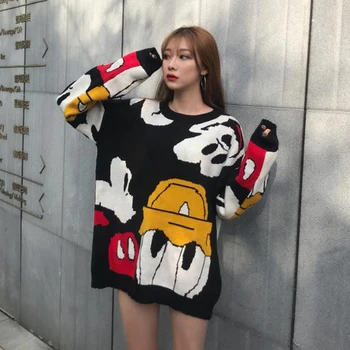 

2019 Autumn Korea New Cartoon Printing Sweater Knitted Winter Pullovers Loose Personality Sweater Cartoon Female Oversize Tops