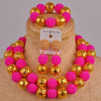 

fuchsia pink costume necklace african set nigerian traditional wedding set simulated pearl beads jewelry sets ZZ14
