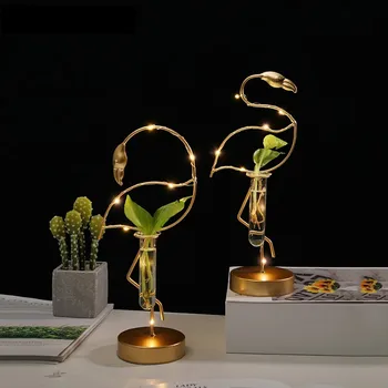 

Golden Flamingo Vase Night Light Cactus Container Vase with Light Night Lamp Flower Glass Test Tube Lights Home Decoration