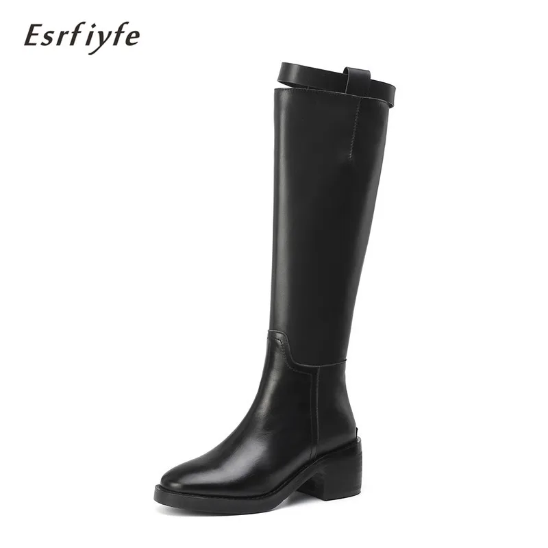 

ESRFIYFE 2020 Winter Boots Women Knee High Boots Fur Warm Boots New Fashion Real Leather Women Shoes Round Toe Heel Black Ladies
