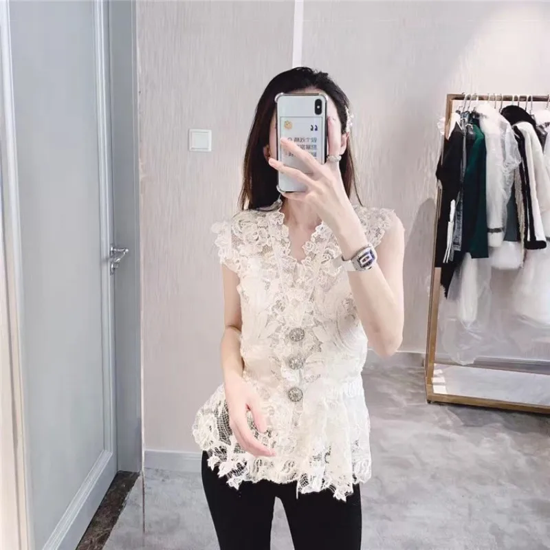 High Quality Diamonds Button Embroidery Lace Womens Top Shirts Fashion V-Neck See Through Slim Fit Ladies Sleeveless Vest Blouse | Женская