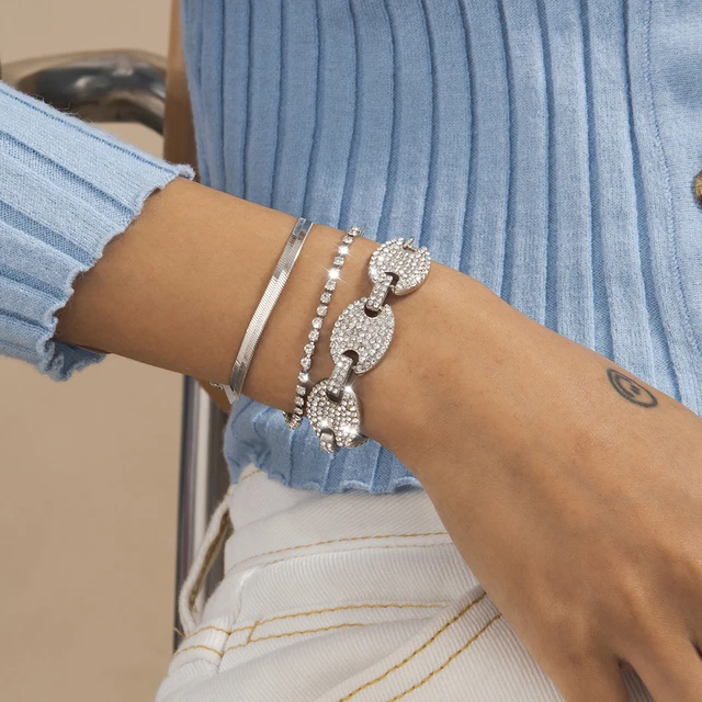 Punk Curb Cuban Chain Bracelets Set for Women Multilayer Miami Boho Thick Gold Color Charm Bracelets Bangles Fashion Jewelry Champagne Gold