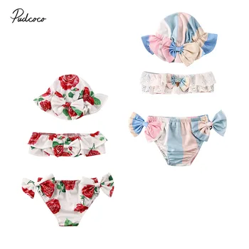 

Toddler Newborn Kids Baby Girl Floral Swimwear Swimsuit Bikini Bathing Clothes Set Bow Suit Hat Clothing 3Pcs