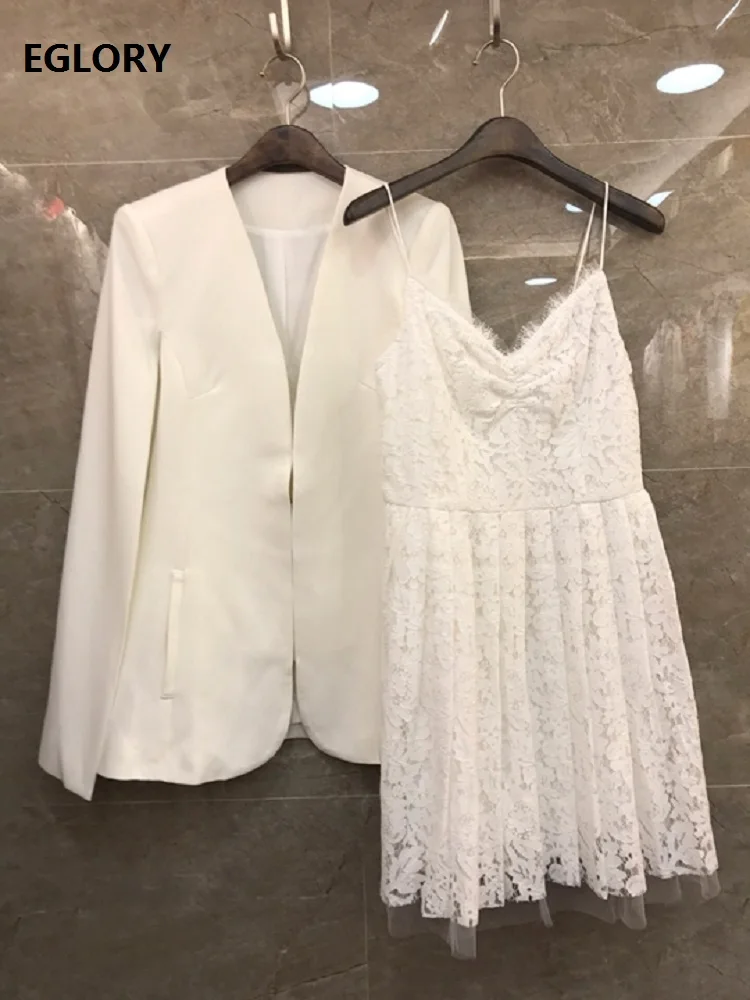 

High Quality Women's Set 2020 Spring Party Blazer Sets Ladies Cape Poncho Blazer Jackets+Strap Lace Short Dress Set White Black