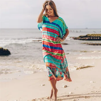 

Beach Dress Swimsuit Women's Outings 2020 Swim Cover Up For Women Tunic Cotton Colorful Stripe Irregular Print Sun Proof Shirt