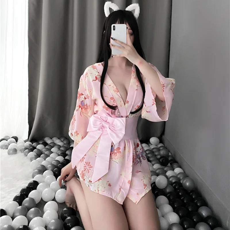 Cosplay Sexy Lingerie Dress Japanese-Style Print Bow Bunny Rabbit Kimono Kawaii Lolita Sleepwear Nightgown | Женская одежда