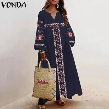 

VONDA Vintage Bohemian Dress Women Sexy Lantern Sleeve Print Party Maxi Long Dress Beach Holiday Vestidos Femme Robe Plus Size