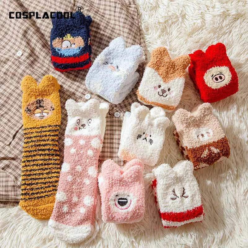 Рождественские теплые забавные носки с вышивкой Harajuku милые носки-тапочки женские Divertidos креативные Sokken коралловые Флисовые женские носки