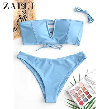 

ZAFUL Swimwear Women V-Wired Lace-Up Topstitching Bandeau Bikini Swimsuit Sexy Bathing Suit 2020 New
