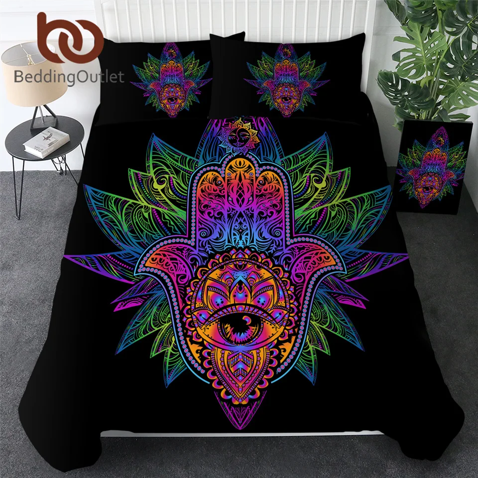 BeddingOutlet Hamsa Hand Duvet Cover With Pillowcase Black Dark Blue Bedding Set Vintage Soft Microfiber Quilt 3Pcs|duvet cover|cover setquilt cover