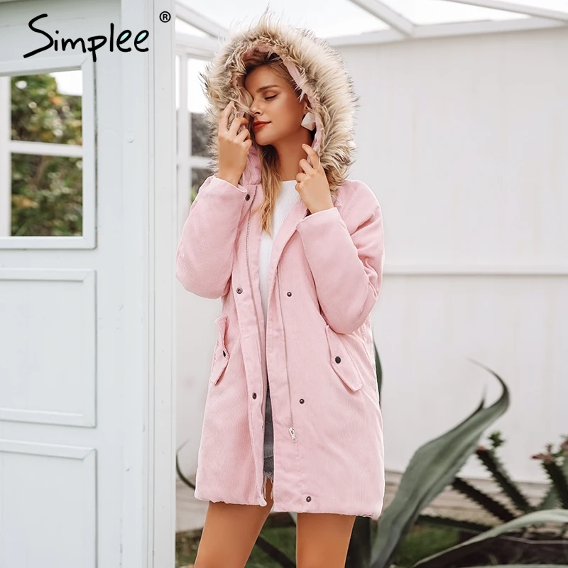 Женская вельветовая парка-пальто Simplee, толстое пальто из искусственного меха с капюшоном и мягкой подкладкой, уличная шинель с лацканами для зимы