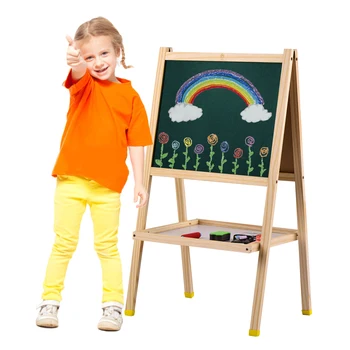 

Wooden Art Easel Magnetic Double-Sided Chalkboard & Erase Board Standing Easel with Storage Shelf and Accessories for Kids