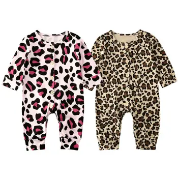 

0-24M Newborn Baby Girl Boys Rompers Ruffle Leopard Print Long Sleeve Single Breasted Jumpsuit Outfits Clothes