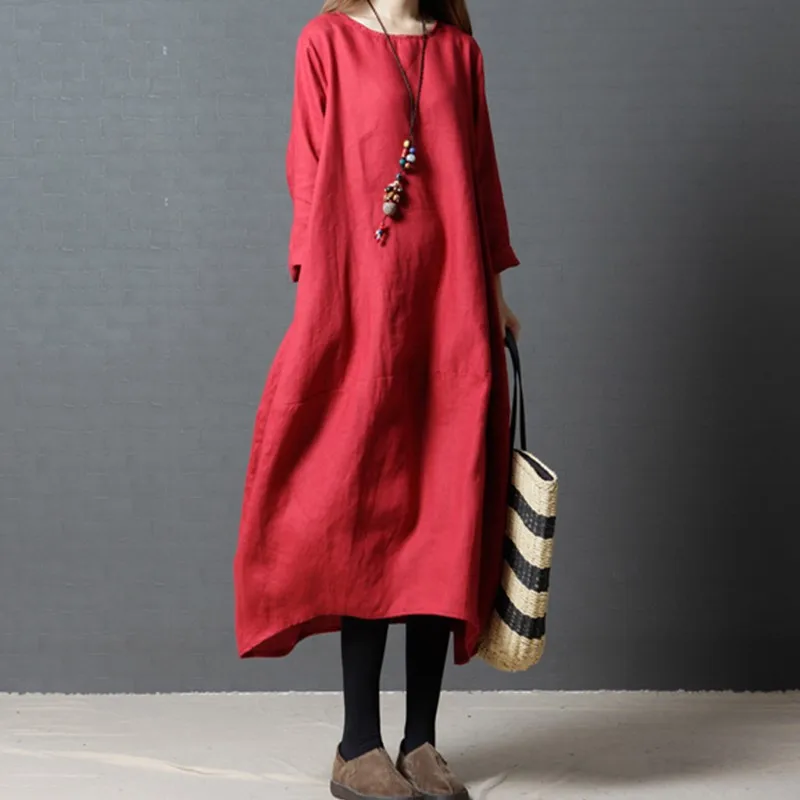 

New Style Women's Dress Korean-style Loose And Plus-sized Cotton Linen Long Long Sleeve Crew Neck Long Skirts