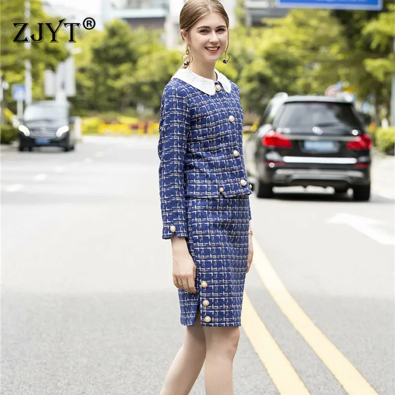 

New Designer Runway Skirt Two Pieces Set Women 2019 New Autumn Winter Long Sleeve Plaid Woolen Jackets and Skirt Suit Sets