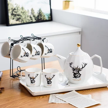 

8 Pieces Japanese Luxury Elk Simple Phnom Penh Ceramic Kung Fu Tea Set Fruit Teapot Set European Afternoon Tea Coffee Cup Gift