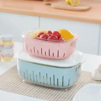 

Kitchen Refrigerator Storage Crisper Transparent Fresh-keeping Box with Lid Double-drain Plastic Rectangular Container