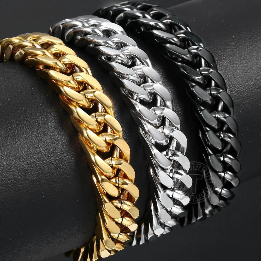 10mm Wide Mens 316L Stainless Steel Bracelet Cut Double Curb Link Rombo Chain for Boy Silver Gold Black 7-11 inch DHB512