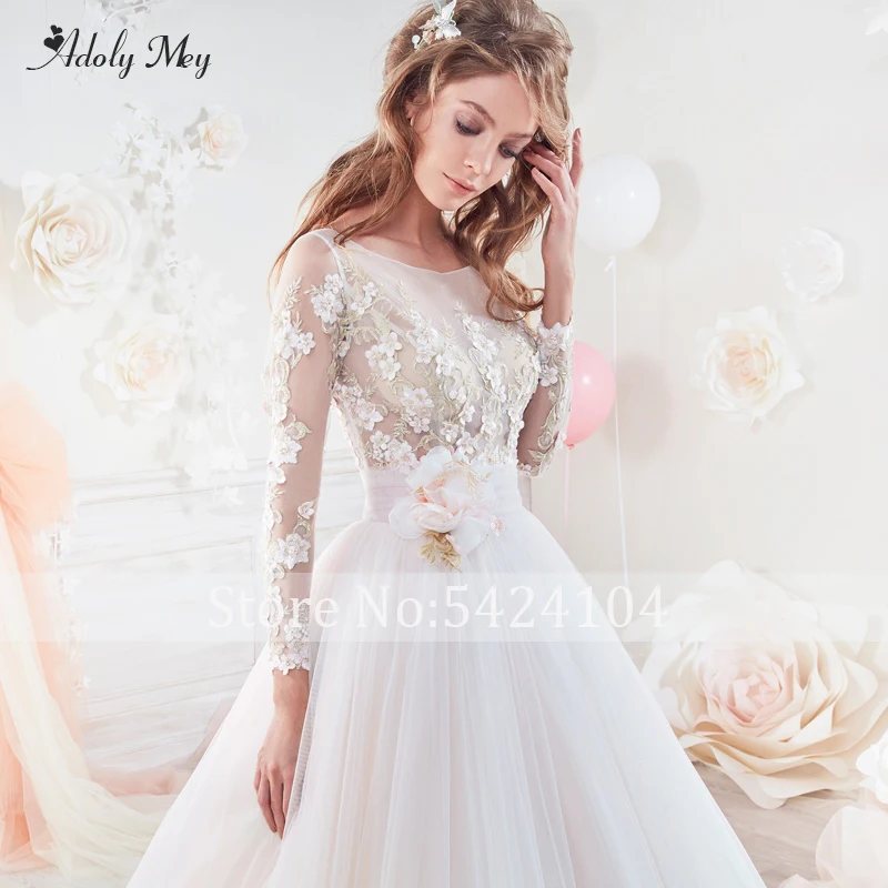 Adoly Mey New Elegant Scoop Neck Appliques Long Sleeve A-Line Wedding Dresses Luxury Beaded Flowers Sweep Train Bridal Gown