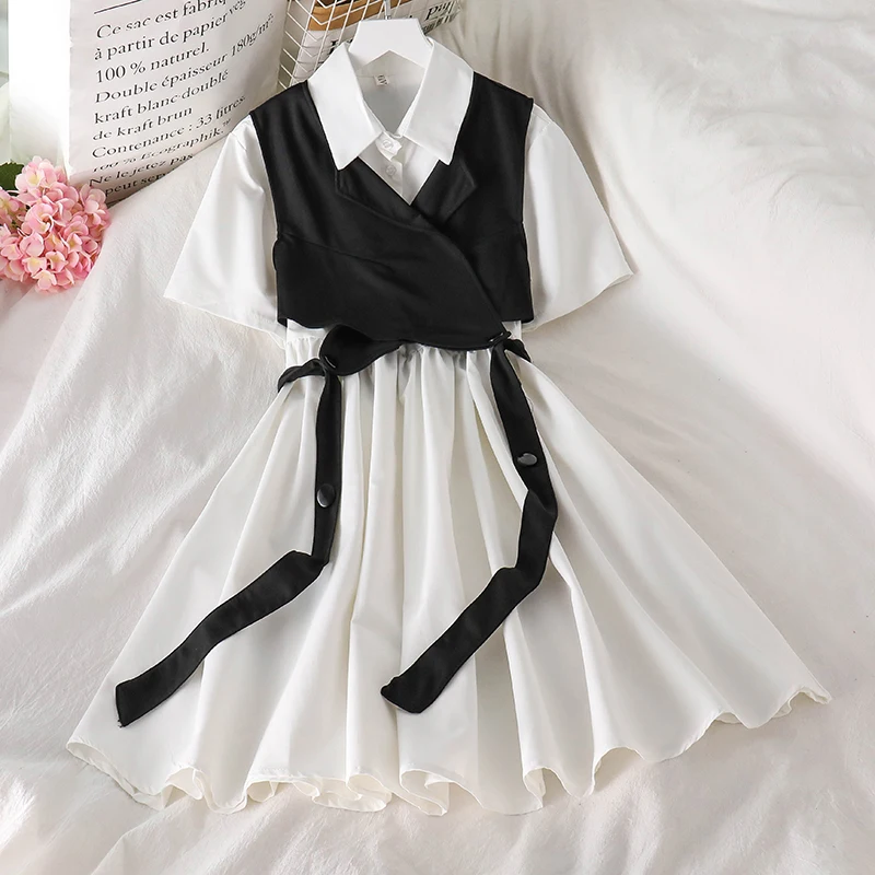 Vintage Gothic Lolita Dress Women Harajuku Black Bandage White Mini Summer Plus Size Short Sleeve High Waist Party Vestido | Женская