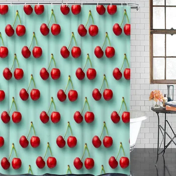 

Simple Summer Red Cherry New Waterproof Shower Curtain with Hook for Home Decoration Bathroom Supplies