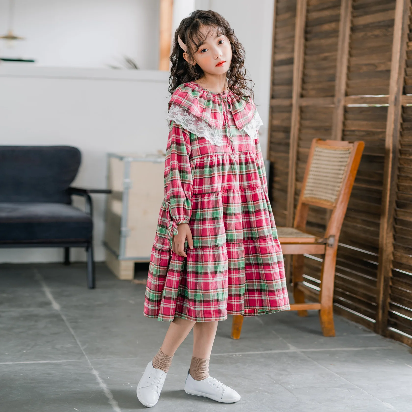 Милое платье для маленьких девочек; коллекция года; сезон весна-осень-зима; модные милые детские платья в клетку с длинными рукавами; повседневное Хлопковое платье