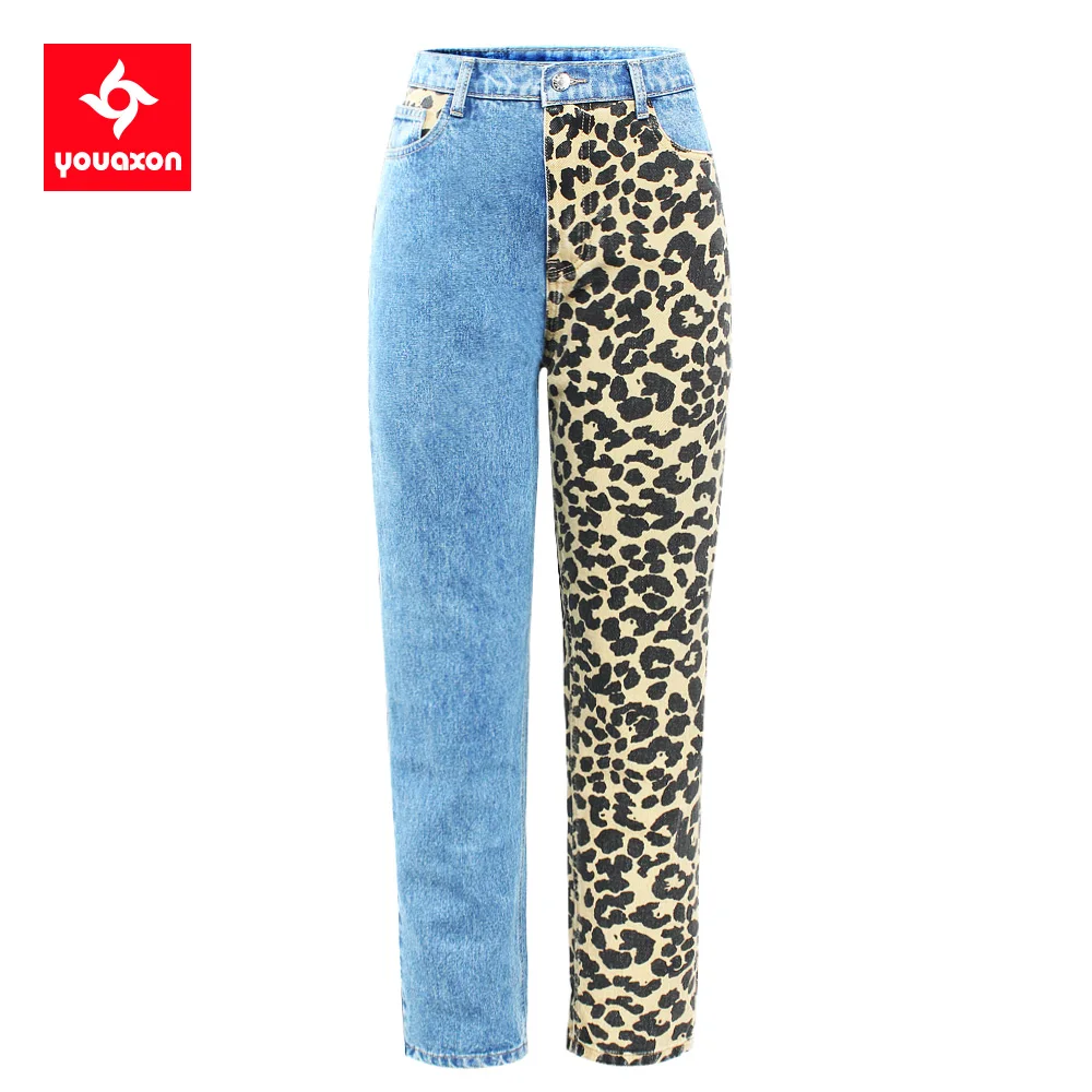 2375 Youaxon New Fashion Leopard High Waist Jeans Women`s  Straight Boyfriend Denim Pants Trousers Jeans For Women