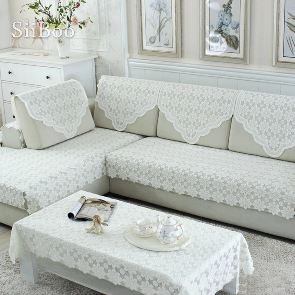 Korean Style White Floral Embroidery Cheap Lace Sectional Sofa Cover