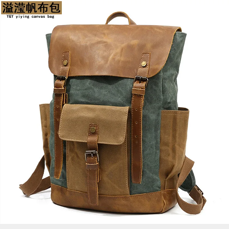 

High quality Wax oil canvas Vintage Bookbag 20-35L High-capacity Men Backpack Waterproof Wear-resisting Backpacks Computer bag