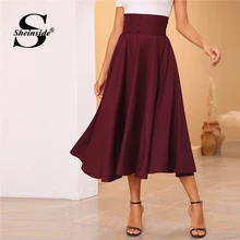 Sheinside элегантный широкий пояс трапециевидная юбка для женщин осень Кнопка деталь высокая талия юбки женская плотная плиссированная юбка