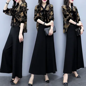 

New large size women's western style wide-leg pants suit loose loose thin dress covering the belly two-piece tide ladies suit