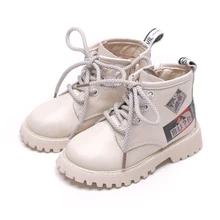 Winter Kids Martin Boots Boys Leather Shoes Non-slip Girls Sneakers Fashion Print Lace Up Baby Girl Boots Beige Black SGF034