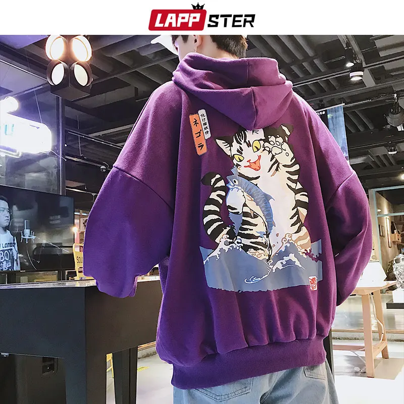 LAPPSTER Men Streetwear Casual Cat Hooded Hoodies 2020 Mens Hip Hop Harajuku Sweatshirts Male Korean Fashions Black Hoodie INS