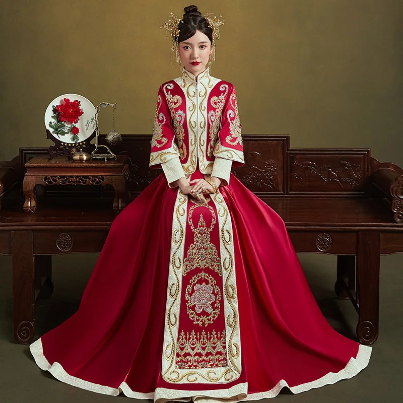 

Chinese Wedding Dress Bride Embroidery Cheongsam Formal Vintage Women Banquet Costume китайская одежда