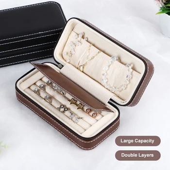 

Simple Girl Earrings Plate Jewelry Box Leather Protable Zipper Bag Leather Earrings Ring Multi-function Jewelry Storage Box