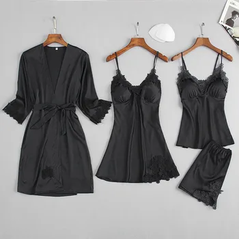 

AIPEACE New Women Pajamas Sets Satin Sleepwear Silk 4 Pieces Nightwear Pyjama Strap Lace Sleep Lounge Pijama With Chest Pads