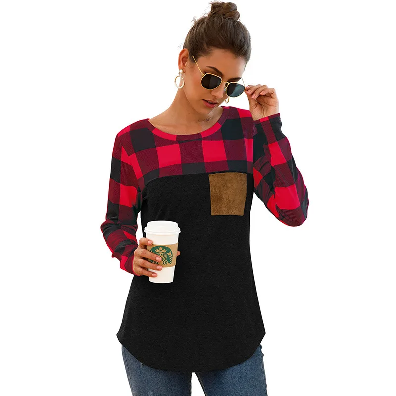 

2019 New Fashion Patchwork Plaid T-shirts Women Long Sleeve Casual Basic Top Tees Autumn Winter O Neck Tshirts Female
