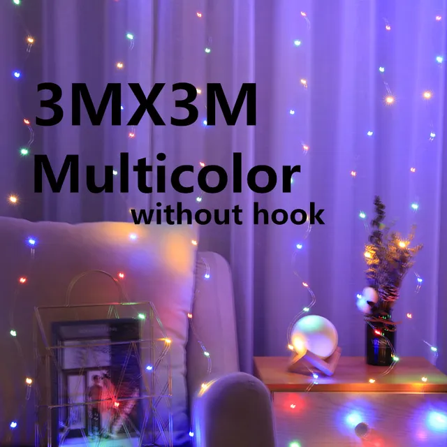 3M Rainbow LED Garland Curtain Lights Fairy String Remote Control USB Christmas Lamp Holiday Decoration For Home Bedroom Window Multicolor 3X3M