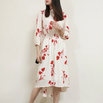 

2020 New Women's Bohemian Pleated Dress Spring Summer Three Quarter Sleeve Buttons Shoulder Asymmetrical Holiday Midi Dresses