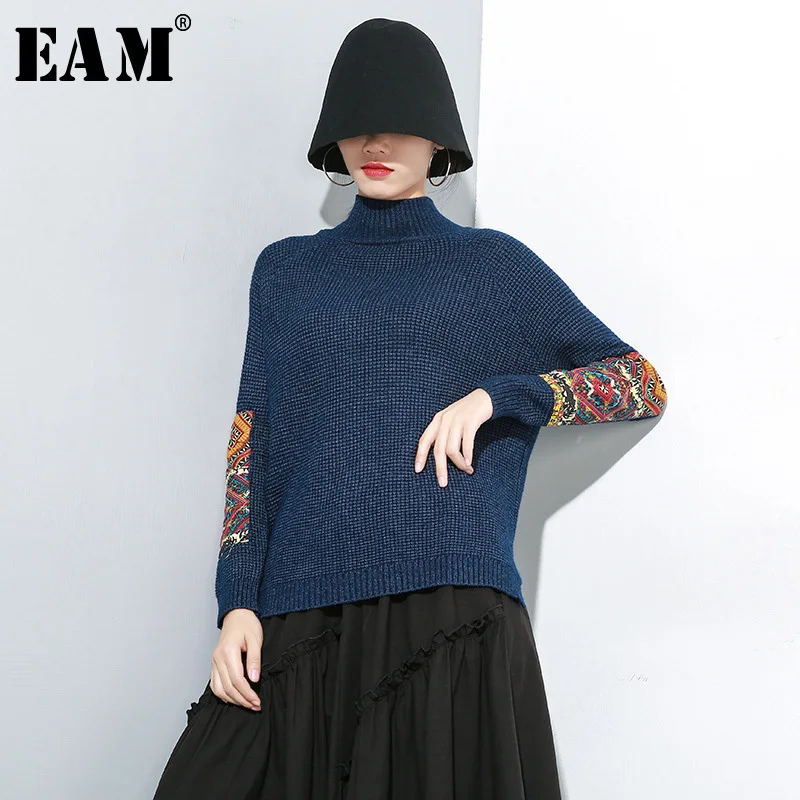

[EAM] Split Joint Contrast Color Knitting Sweater Loose Fit High Collar Long Sleeve Women New Fashion Autumn Winter 2020 1H157