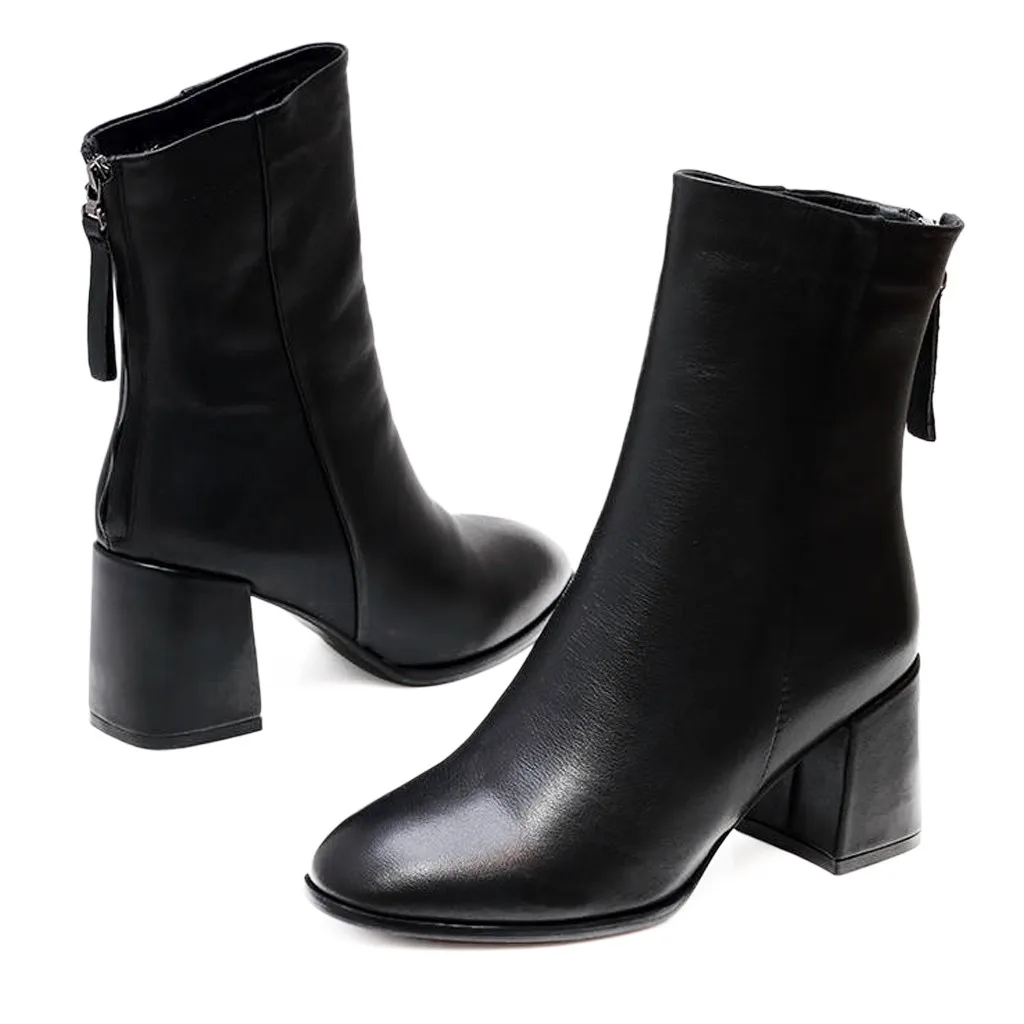 Winter Women Boots Casual Handmade Zipper Round Toe 7 Cm High Heel Shoes High Quality Pu Leather Lady Boots Plus Size 35-40#J30