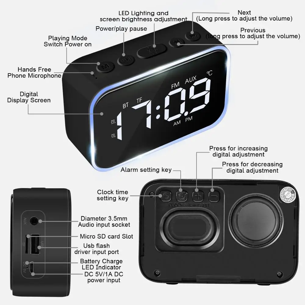 MISFUN светодиодный цифровой дисплей беспроводной Bluetooth динамик будильник 12 Вт портативный стерео сабвуфер HiFi динамик