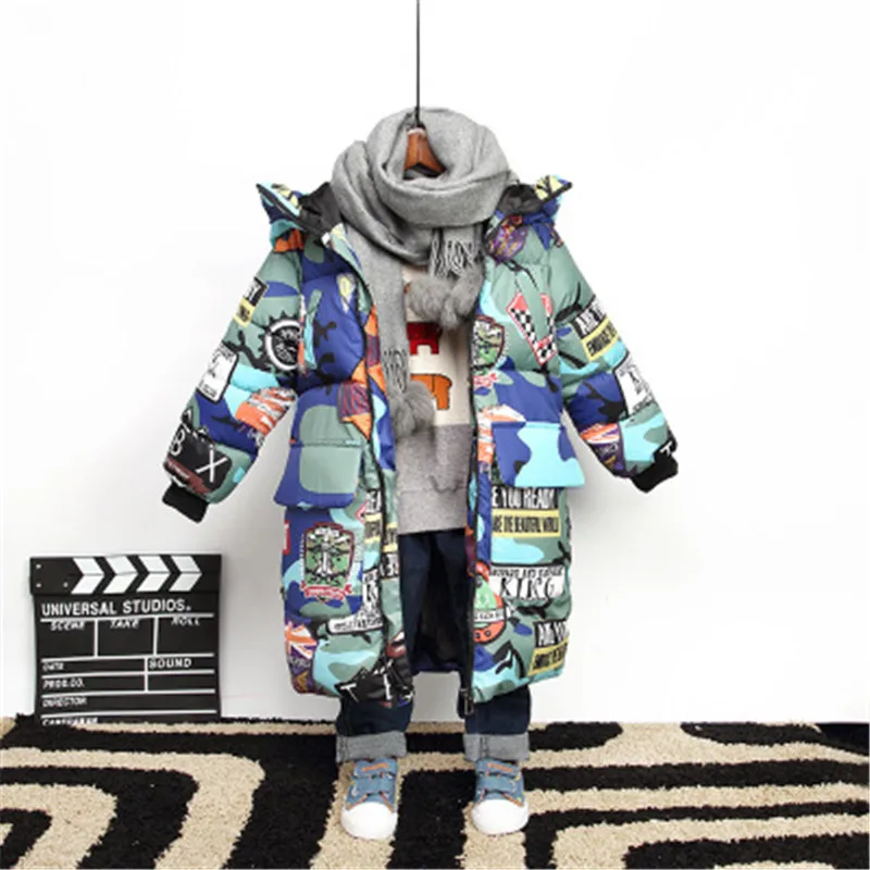

Boys New Brand Clothes Cotton Hooded Winter Graffiti Camouflage Parkas Jacket Teenagers Boys Thick Long Coat Kids Boys Clothes