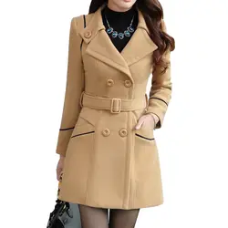 NORMOV Зимняя шерстяная куртка для женщин двубортное пальто с поясом пальто сплошной цвет карман тонкий отложной воротник длинное шерстяное
