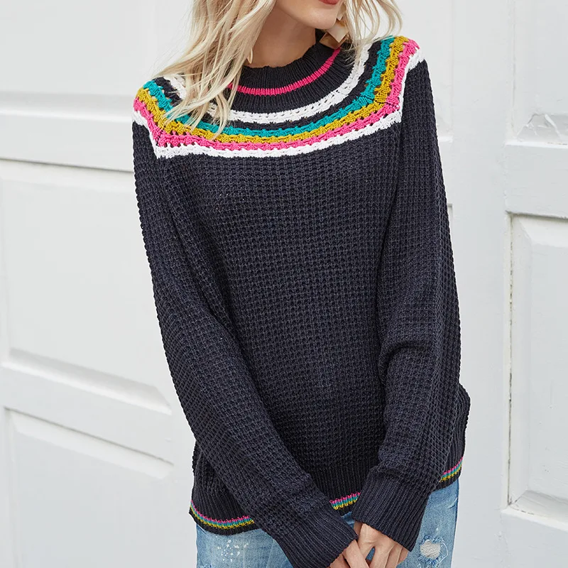 Contrast stripes stitching O-Neck Long-sleeved Knitting Sweater Women Casual Lady Tops for Autumn Winter New Fashion | Женская одежда