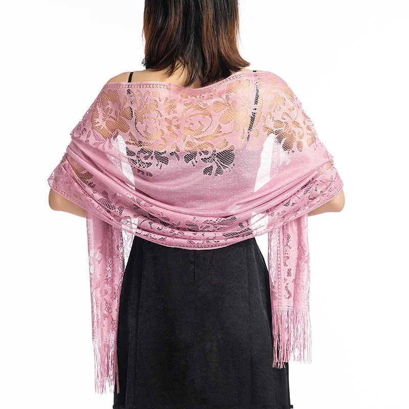 Sparsil Women Summer Hijab Scarf Elegant Fashion Hollow Out Shawls Wedding Party Lace Chiffon Wraps With Tassel For Ladies - Цвет: 11Skin Pink