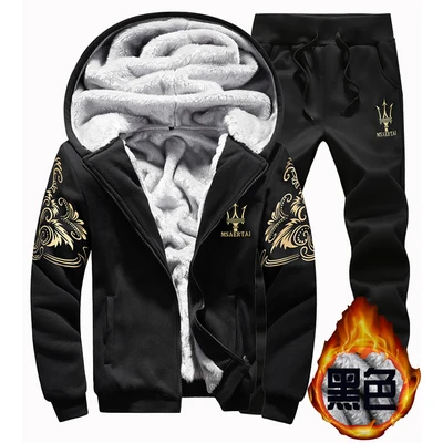 Men's sweater plus velvet thickening sports suit men's hooded sportswear men's sweater - Цвет: Черный