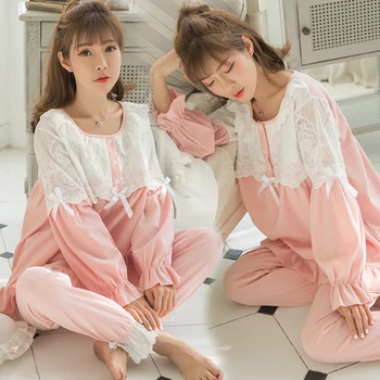 

Sweet Pink Cotton Patchwork Lace Maternity Nursing Sleepwear Set Breast Feeding Pajamas for Pregnant Women Cute Loose Pregnancy